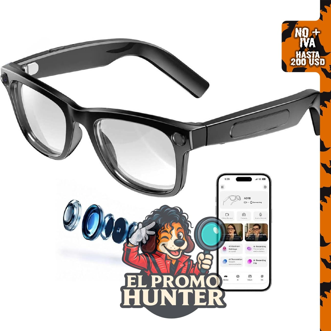 W & O Lentes inteligentes AI con cámara de 8 MP, grabación de video 1080P, audio Bluetooth de oído abierto.