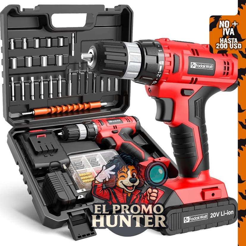 FADAKWALT taladro inalámbrico de 20 V con batería y cargador, par 30N, 21+1 ajustes, portabrocas de 3/8 pulgadas.