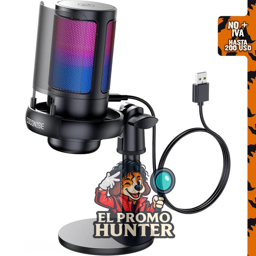 Micrófono USB condensador para juegos, podcasts y transmisiones, con filtro Pop y función de silencio rápido.