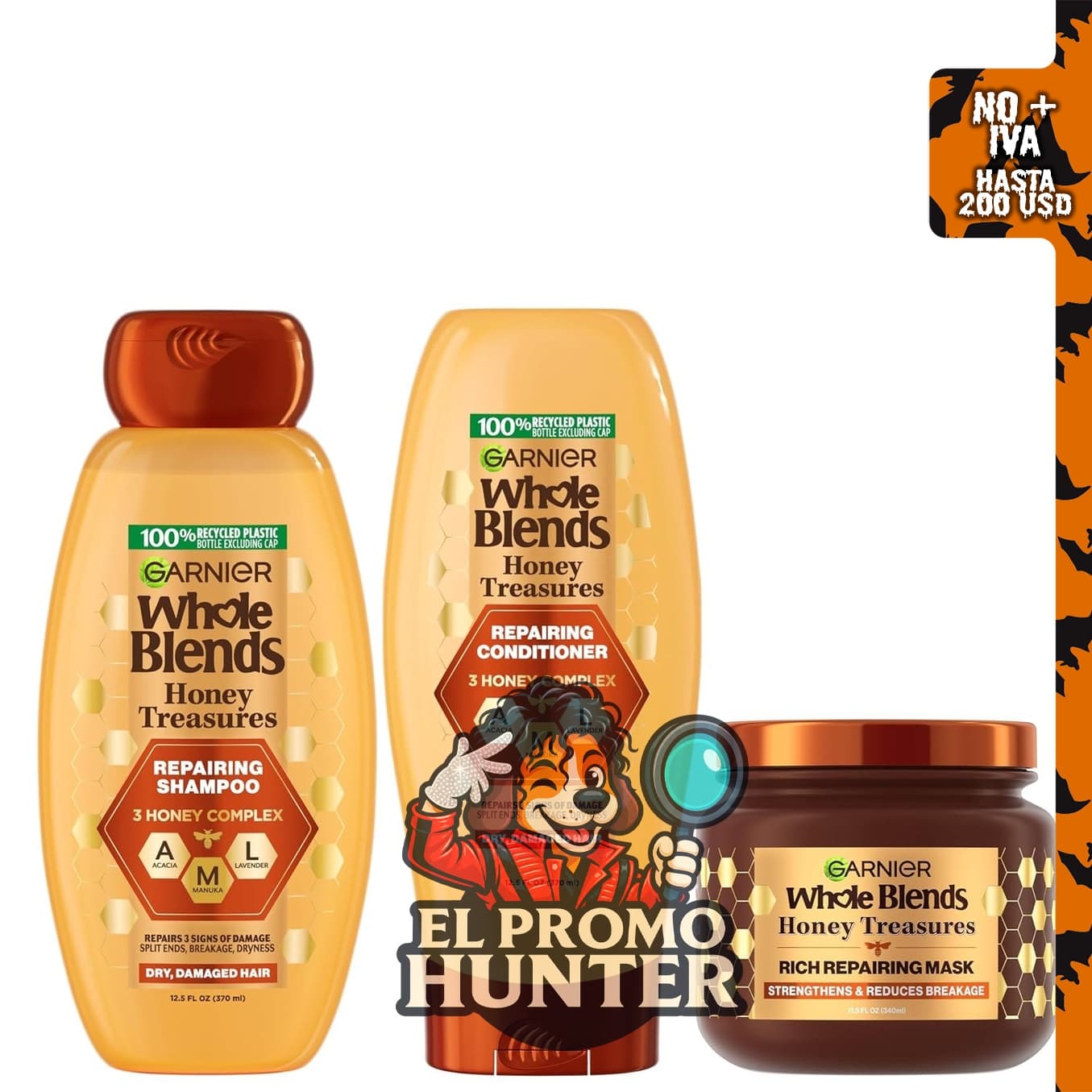 Garnier Whole Blends Honey Treasures - Kit de champú reparador, acondicionador y máscara capilar para cabello seco y dañado.