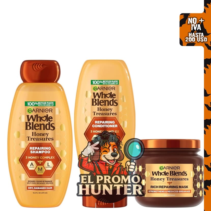 Garnier Whole Blends Honey Treasures - Kit de champú reparador, acondicionador y máscara capilar para cabello seco y dañado.