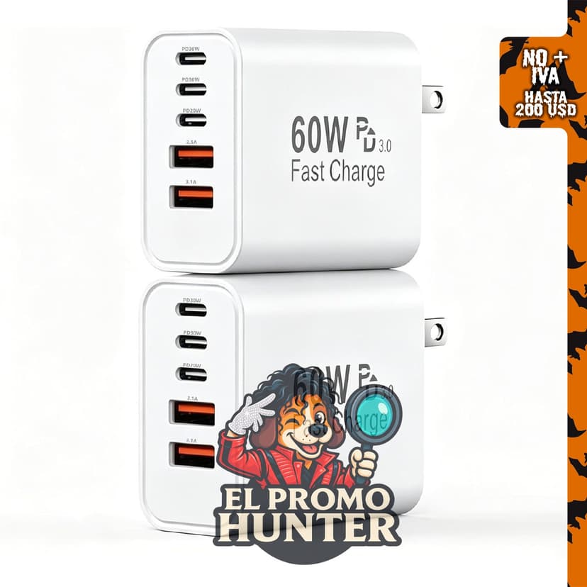 Cargador de pared USB-C de 5 puertos, 60 W, para dispositivos móviles.