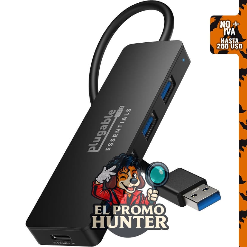 Hub USB A 3.0 Plugable 4 en 1 con 4 puertos USB-A, longitud de 0.7 ft.
