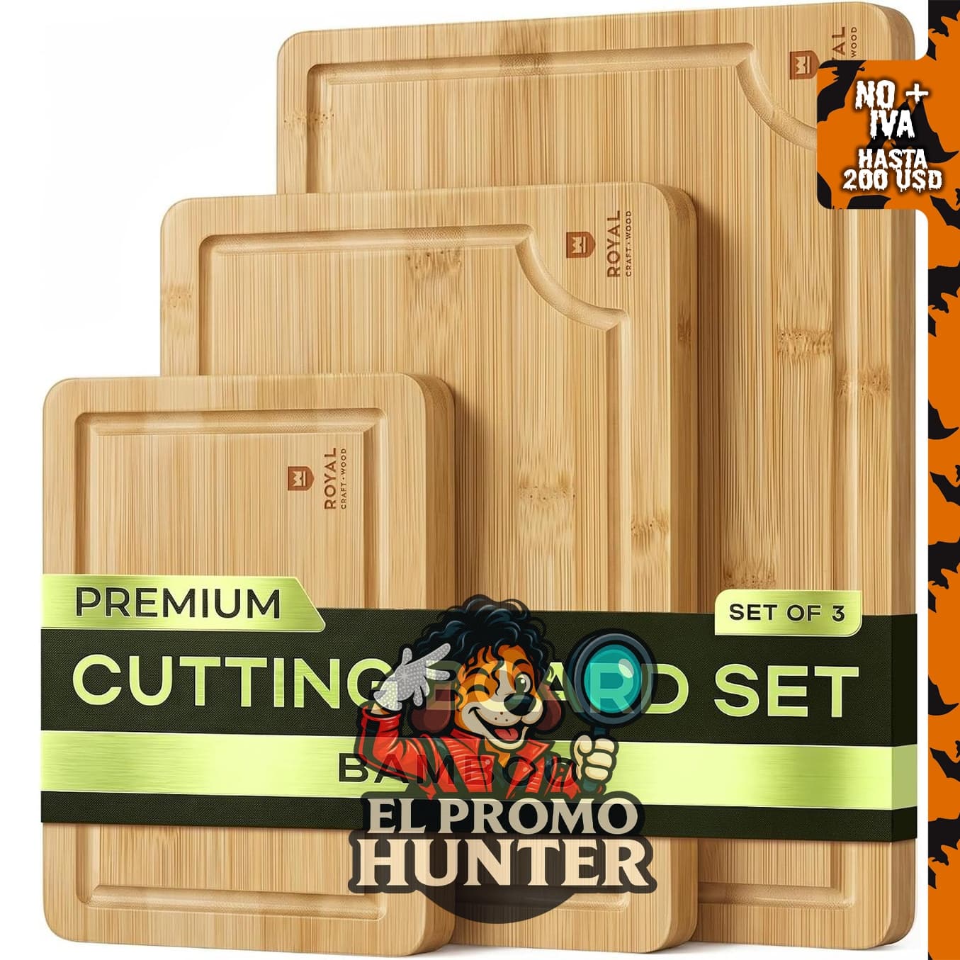 Juego de tablas de cortar de madera de bambú con asas laterales profundas para jugos.