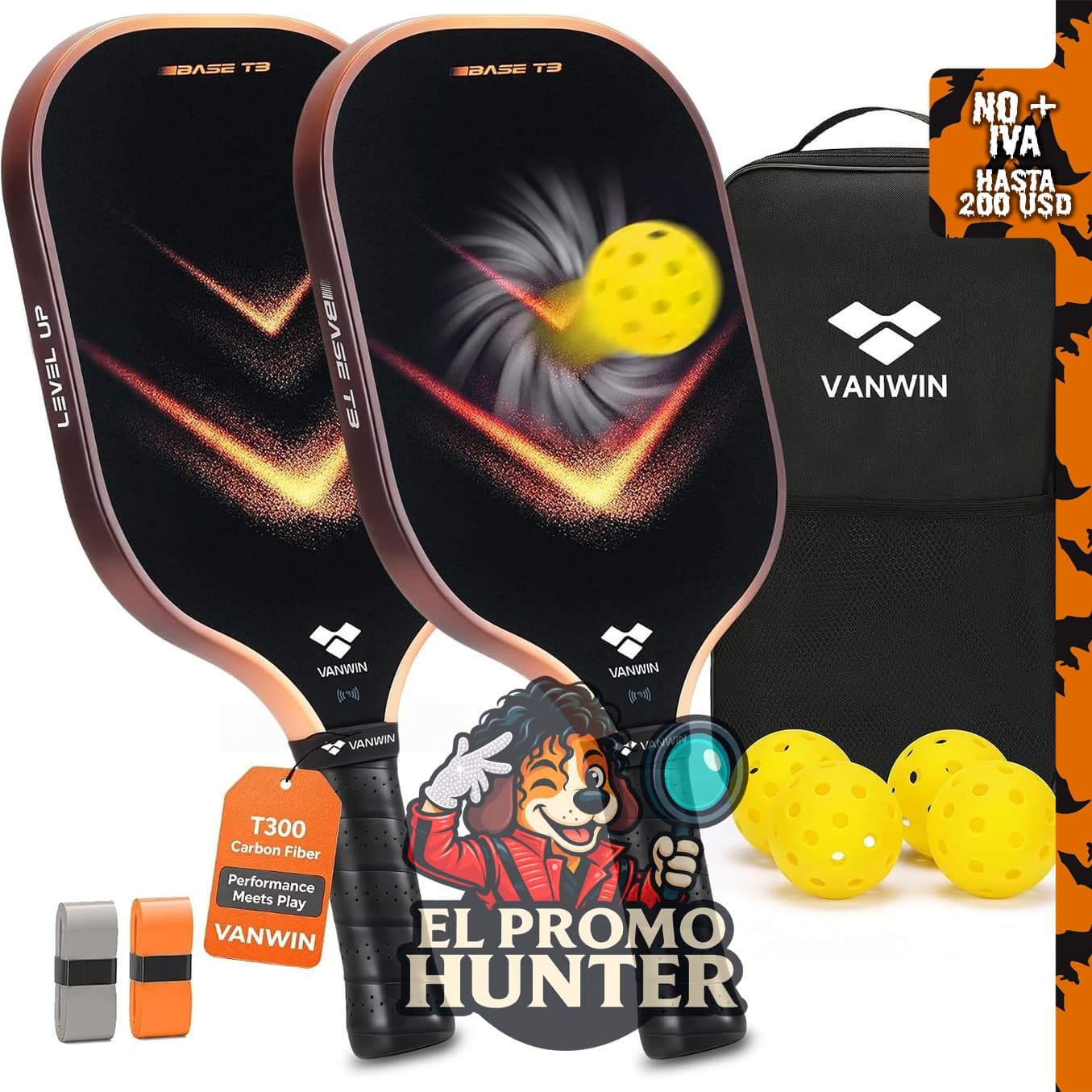 Juego de 2 palas de pickleball VANWIN de fibra de carbono (218 g).