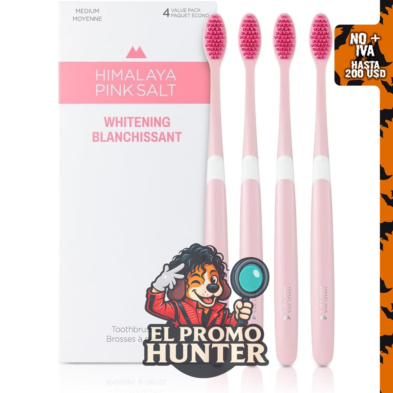 HIMALAYA PINKSALT Cepillo de dientes natural, 4 unidades, cerdas cónicas suaves para dientes y encías.