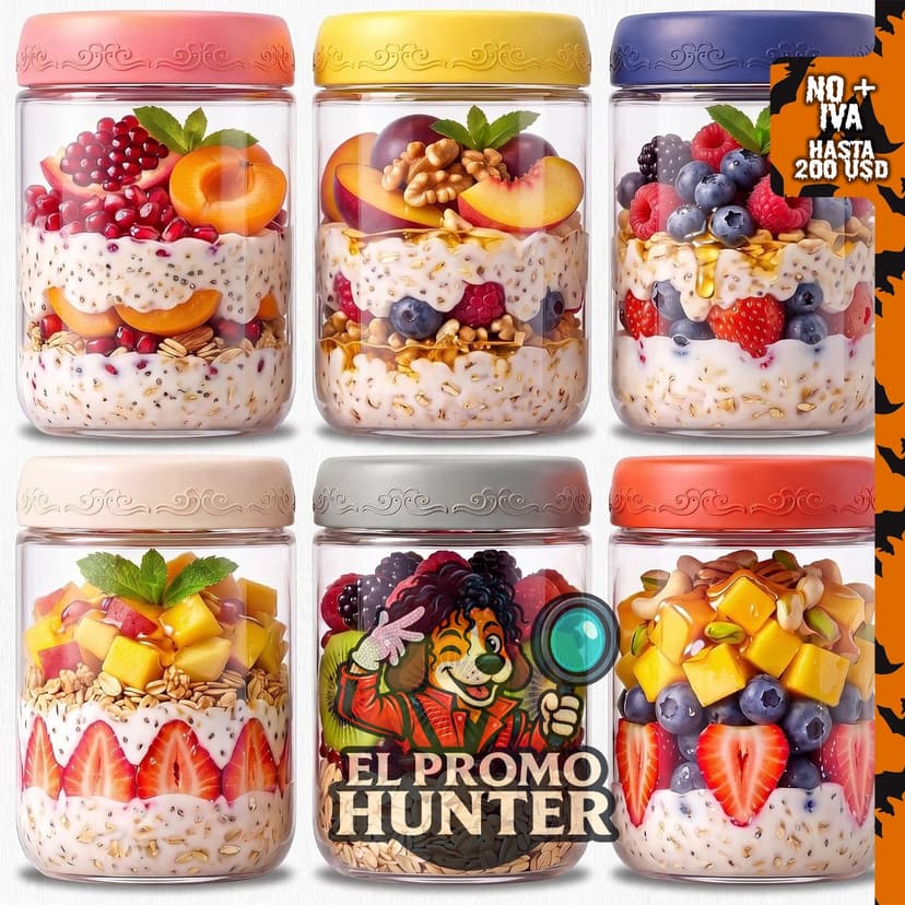 Paquete de 6 recipientes de avena nocturna de 16 oz con tapas.