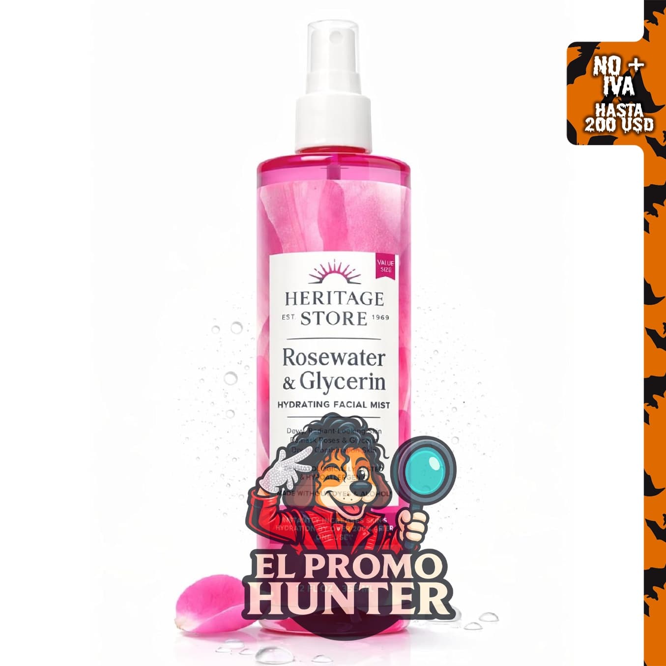 HERITAGE STORE Spray facial de agua de rosas y glicerina, 355 ml.