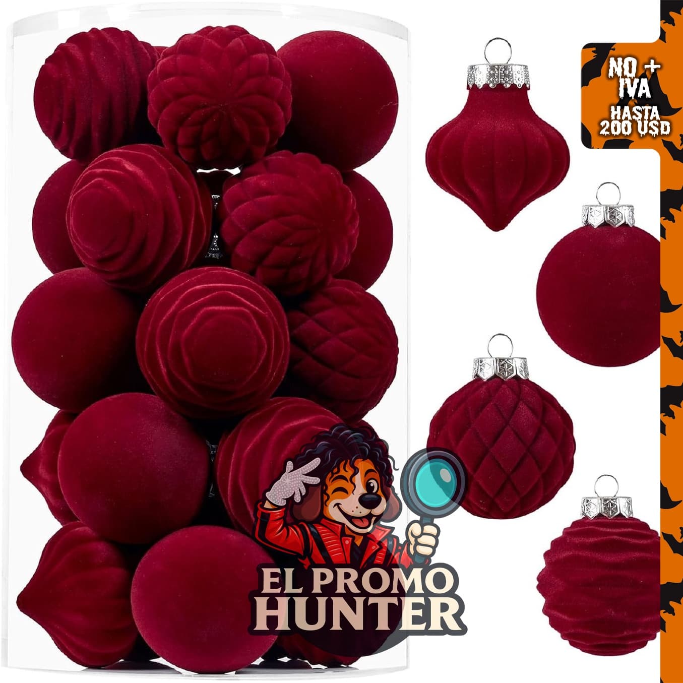 Adornos de terciopelo para árbol de Navidad, 25 unidades de 2.36" (6 cm) en color borgoña.