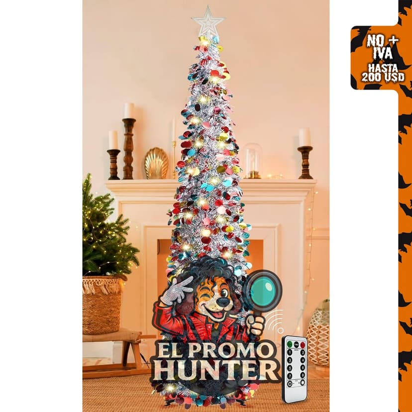 Árbol de Navidad HISFFOG de oropel de 1.5 m, plegable, con 8 modos de luces remotas y lentejuelas coloridas.