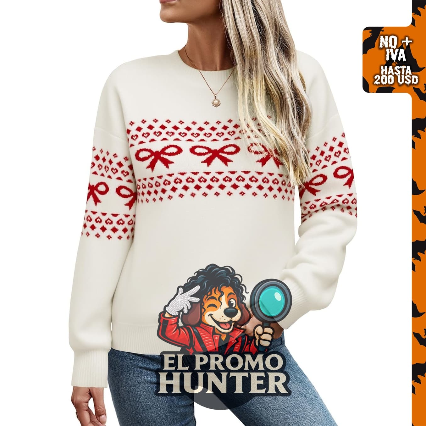 ECOWISH Bow Fair Isle - Suéter de punto para mujer con diseño navideño.