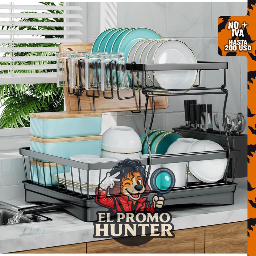 Escurridor de platos grande de 2 niveles, organizador desmontable con soporte para utensilios, color negro.