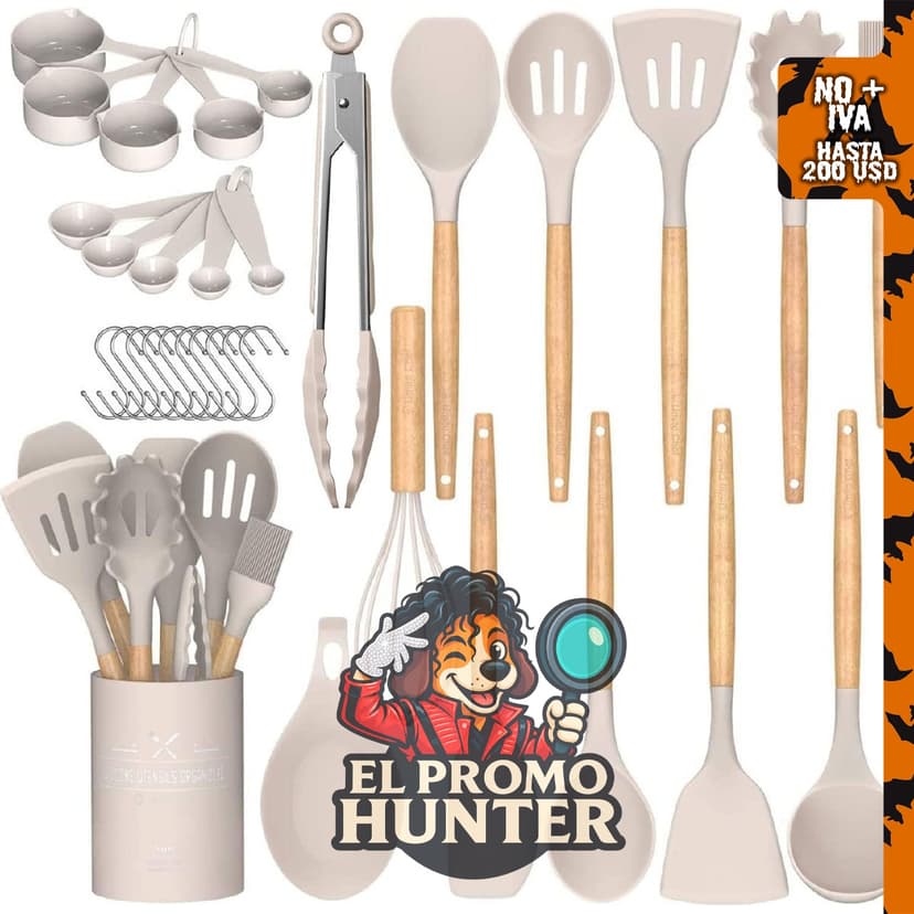 Juego de utensilios de cocina Umite, 24 piezas de silicona antiadherente con mango de madera.