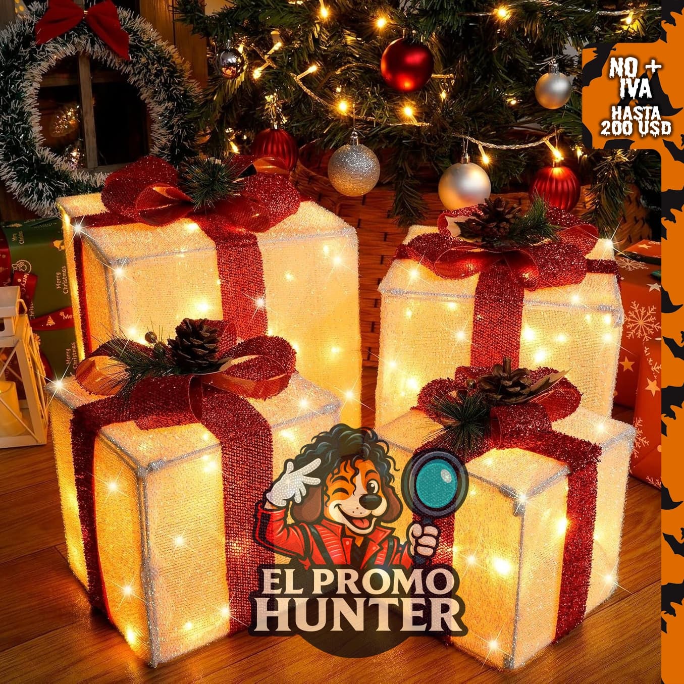 Juego de 4 cajas de regalo iluminadas de Navidad de 25.4-20.3-17.8-15.2 cm, con luces LED para decoración.