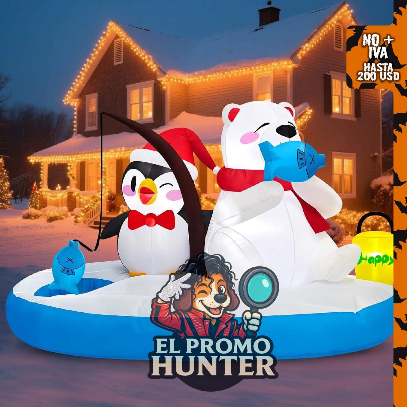 Inflable navideño de 6 pies con oso polar y decoraciones de pesca.