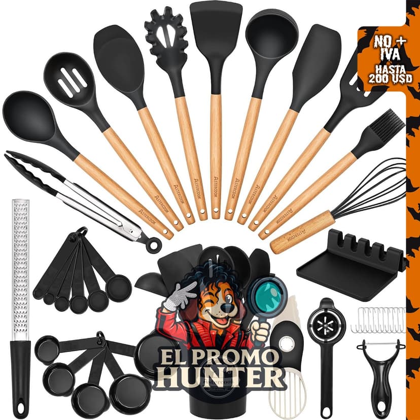 Astercook juego de utensilios de cocina de 39 piezas de silicona con mango de madera, resistente al calor hasta 446 °F.