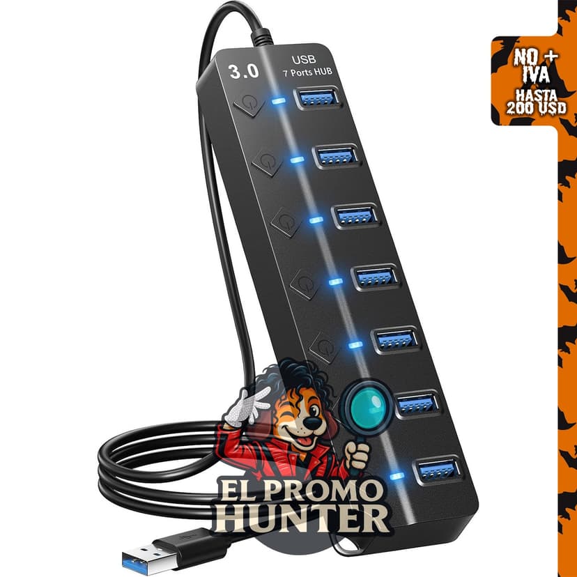 Hub USB de 7 puertos con interruptores individuales.