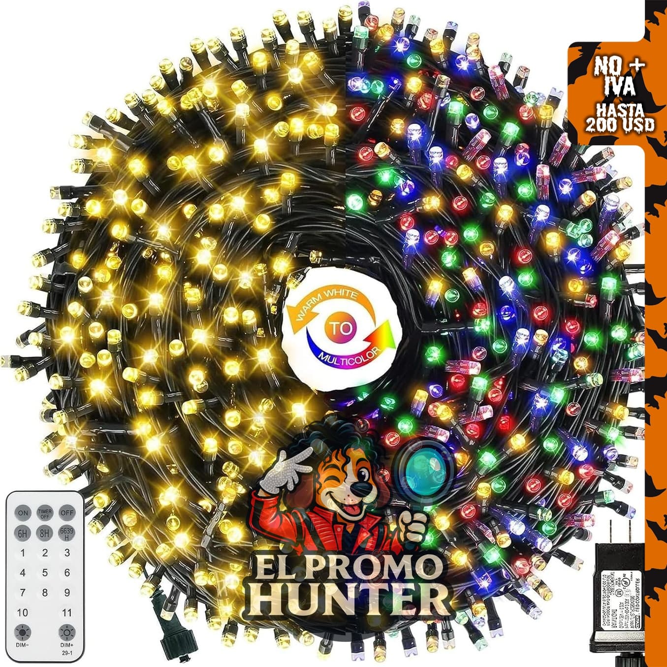 MZD8391 Cadena de luces de Navidad, 108 pies, 300 luces LED multicolor, impermeables, con temporizador remoto.
