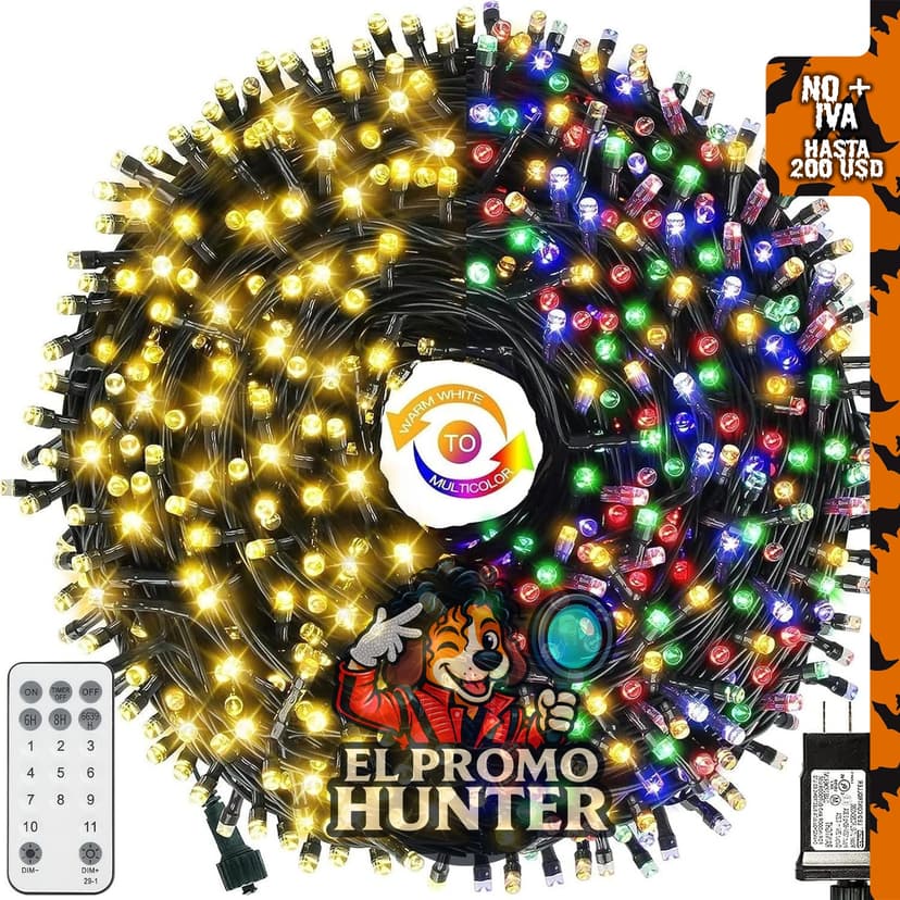 MZD8391 Cadena de luces de Navidad, 108 pies, 300 luces LED multicolor, impermeables, con temporizador remoto.