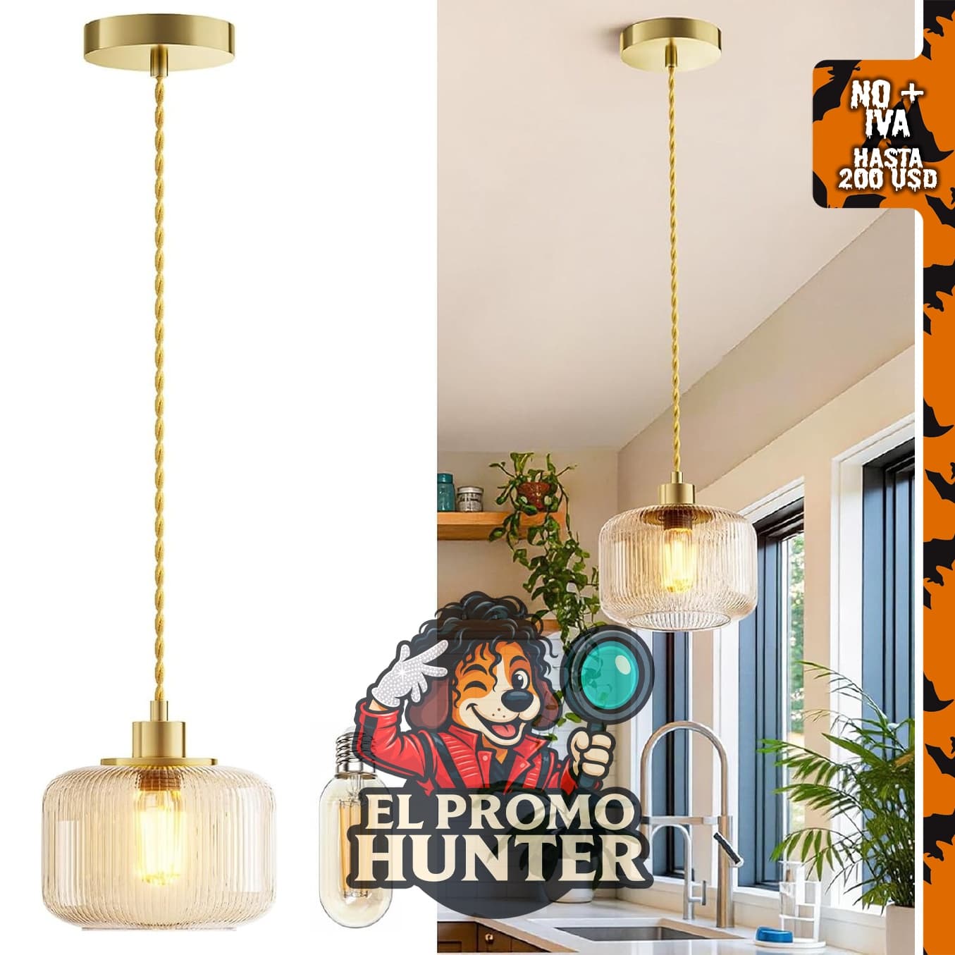Lámpara colgante de cristal ámbar, luz colgante vintage para isla de cocina.