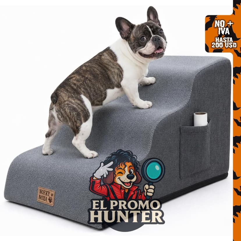 Escaleras de 3 escalones para perros y gatos pequeños, con peldaños antideslizantes y bolsillo de almacenamiento lateral.