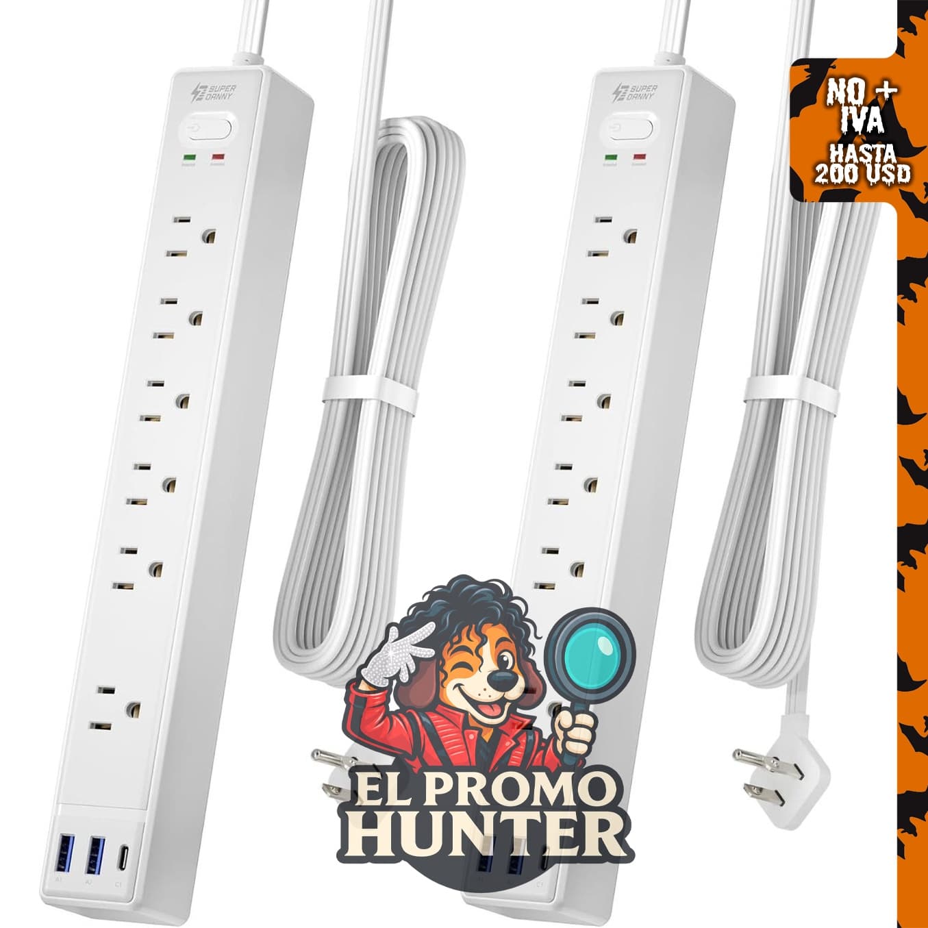 Paquete de 2 cables de extensión de 6 pies, regleta protectora.