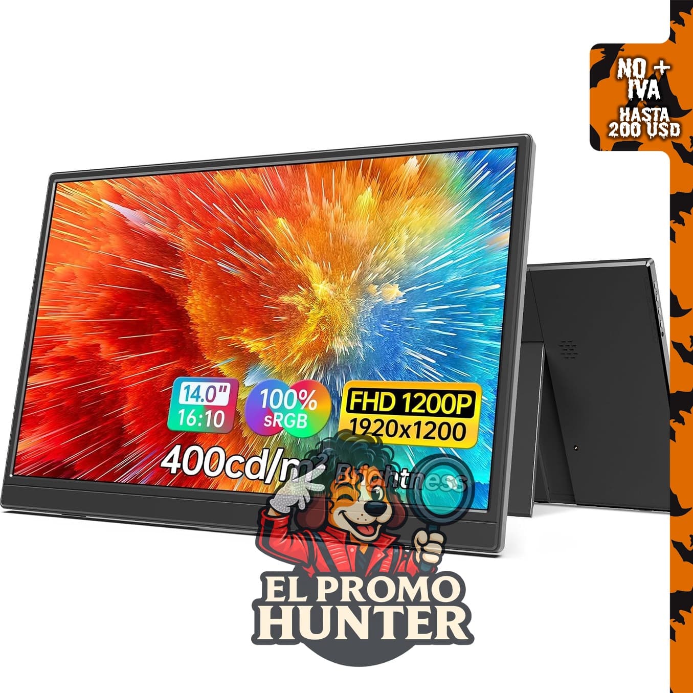 Monitor portátil MNN de 14" (35.56 cm) con conexión USB-C y HDMI, resolución 1200p.
