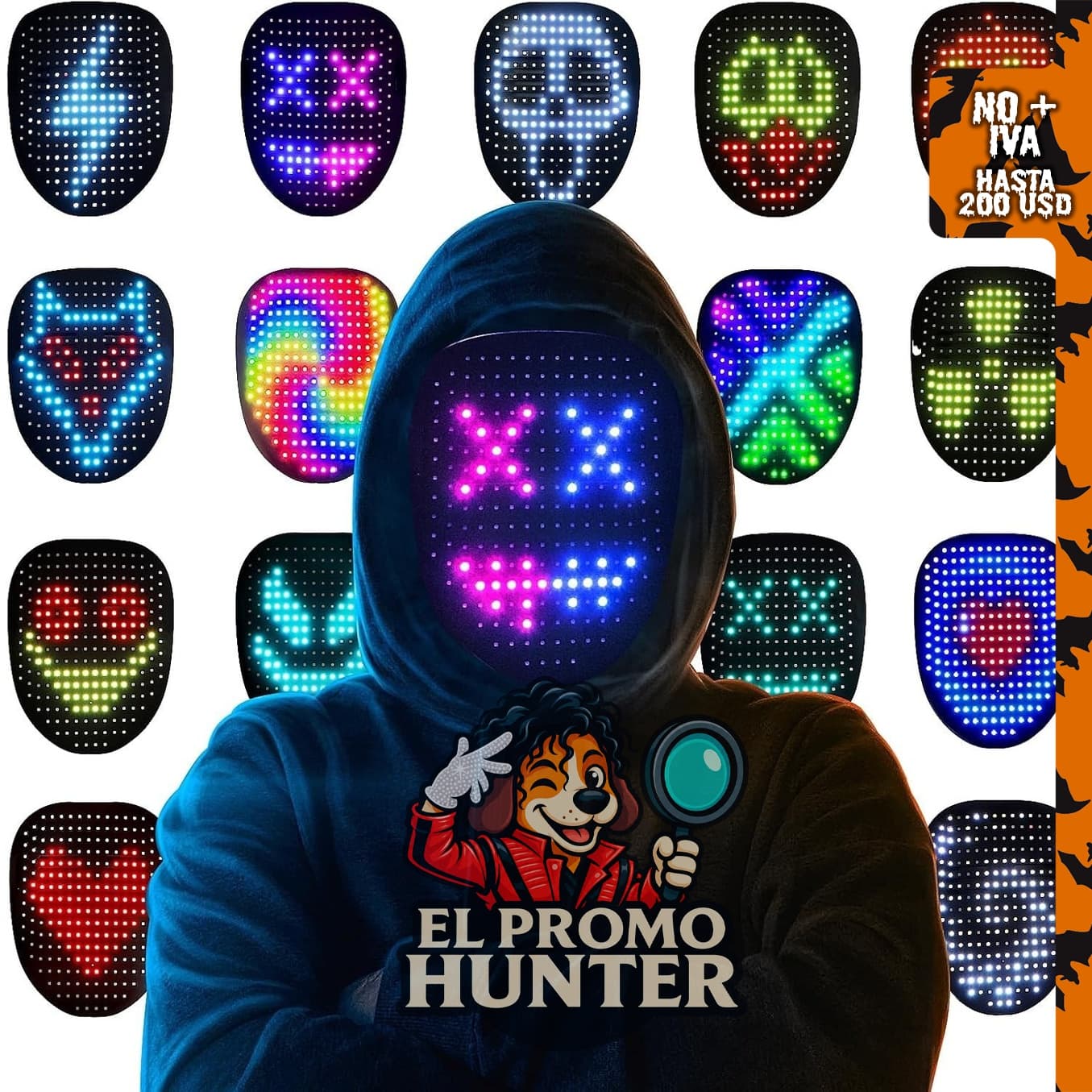 Máscara LED de disfraz de Halloween con detección de gestos para niños.