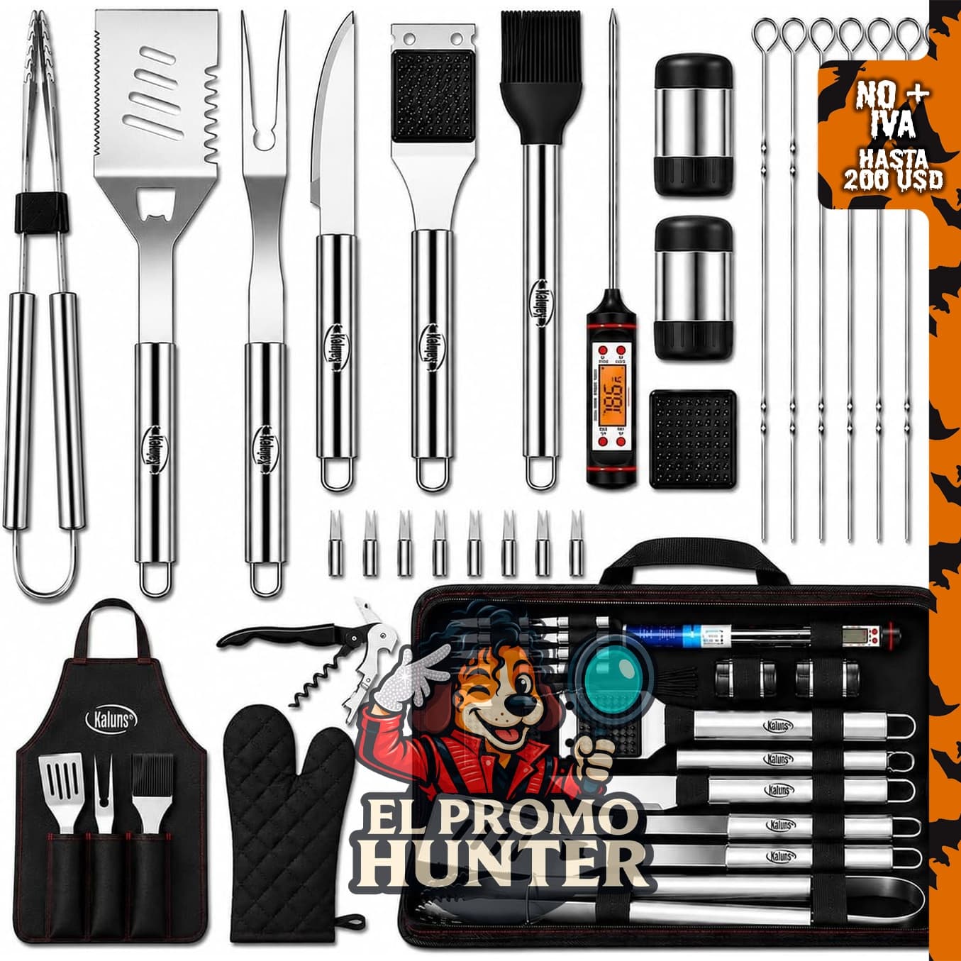 Kaluns 30 accesorios para parrilla de acero inoxidable con termómetro de carne.