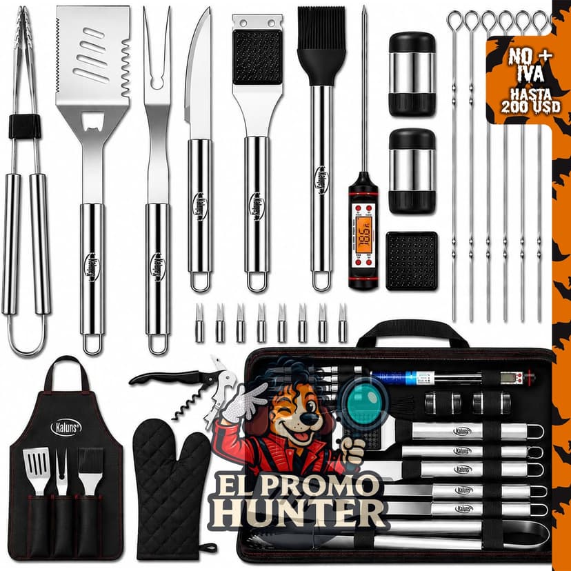 Kaluns 30 accesorios para parrilla de acero inoxidable con termómetro de carne.