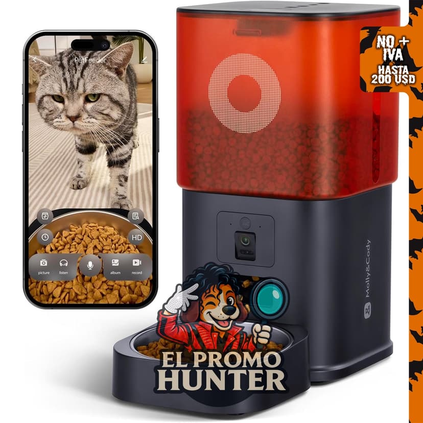 Comedero automático para gatos de 6 L con cámara, audio de 2 vías y visión nocturna.