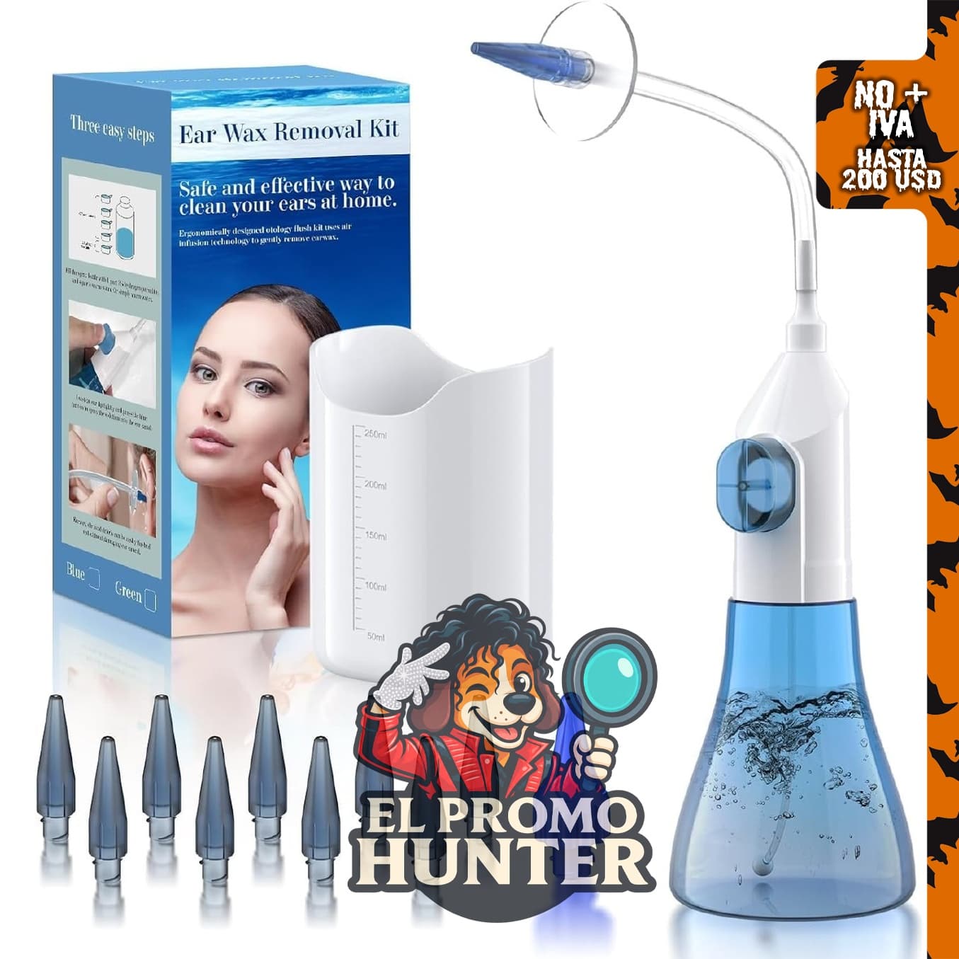 Kit de limpieza de oídos, sistema manual para eliminación de cera acumulada.