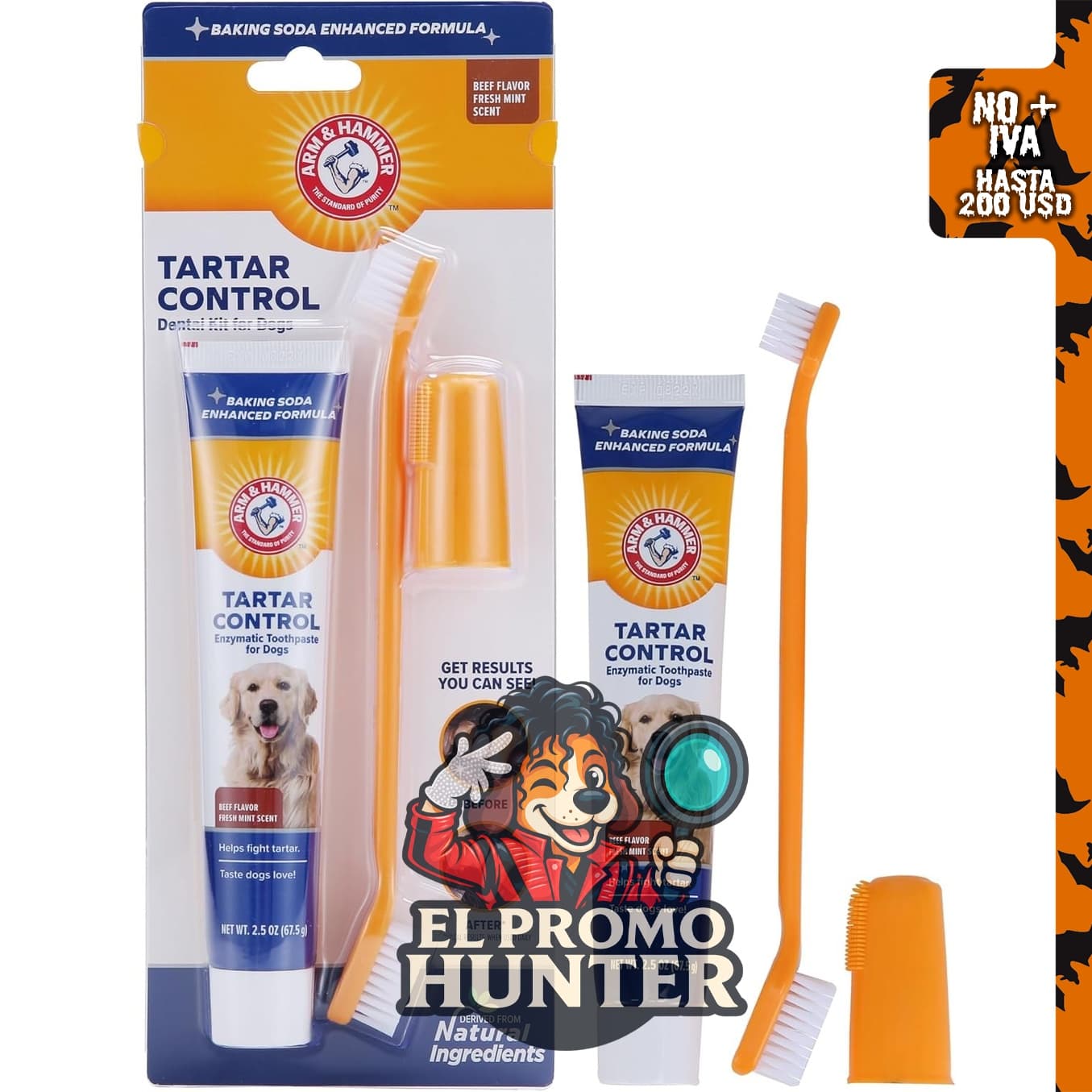 Arm & Hammer kit de 3 piezas para control del sarro en perros, incluye pasta, cepillo de dientes y cepillo para el dedo.