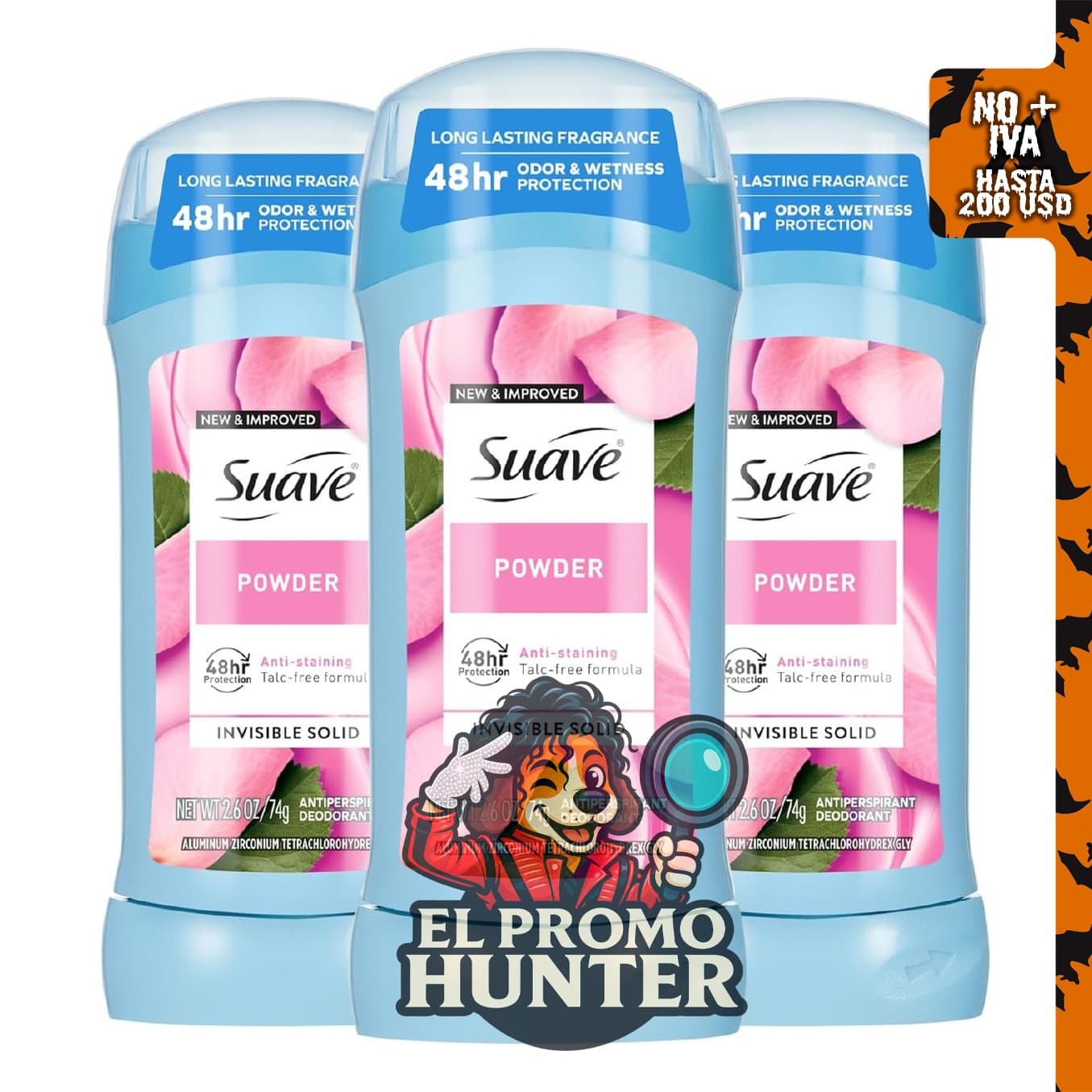 Suave Antitranspirante y desodorante en barra en polvo, 48 horas de protección contra olores y humedad, 3 unidades de 2.6 oz (73 g) cada una.