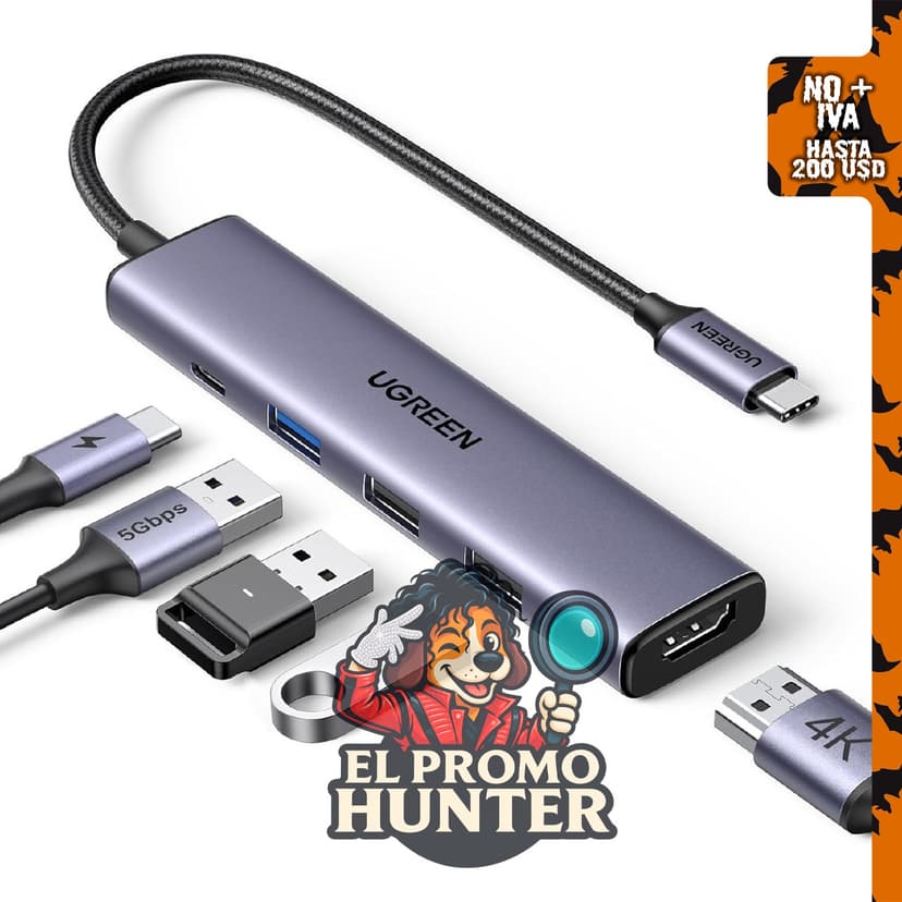 UGREEN Hub USB C 5 en 1 adaptador multipuerto con 4K HDMI y entrega de energía.