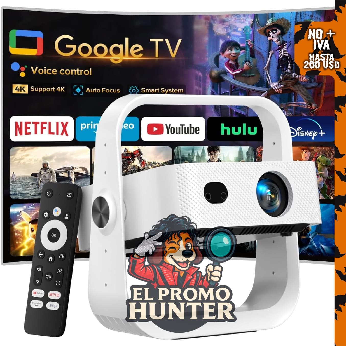 Proyector Pignynt con Google TV y aplicaciones 4K, enfoque automático AI.