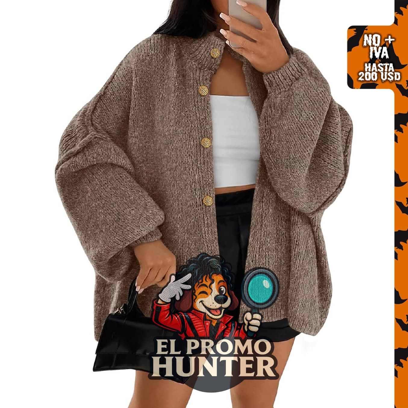 Suéter de punto grueso abierto para mujer, de gran tamaño, manga larga estilo farol, con botones.