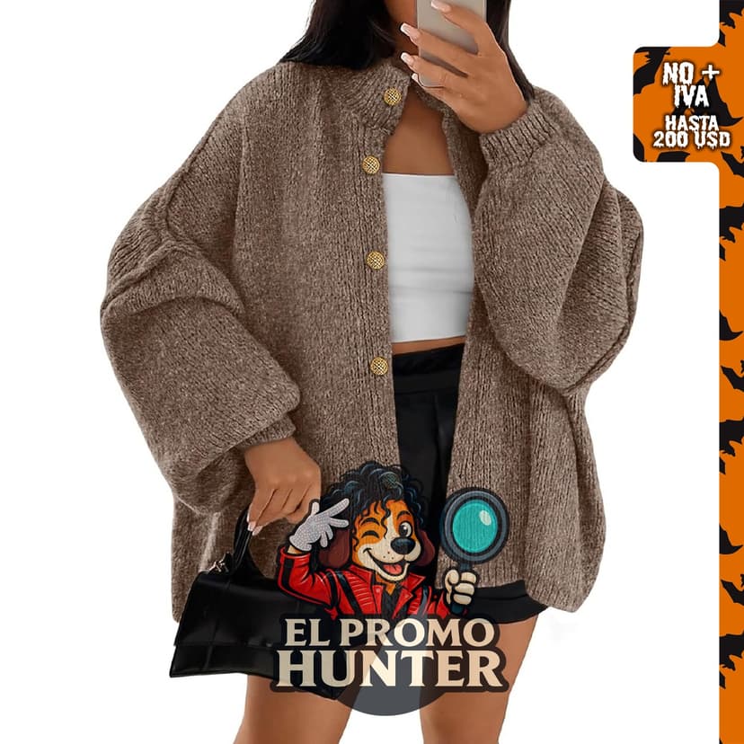 Suéter de punto grueso abierto para mujer, de gran tamaño, manga larga estilo farol, con botones.