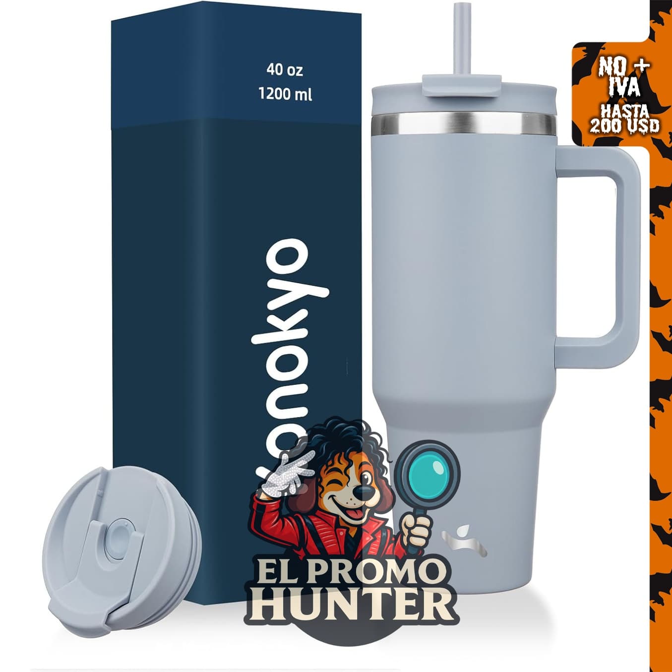 Konokyo vaso de 40 onzas con asa y 2 pajillas, botella de agua aislada con tapa 2 en 1, acero inoxidable.