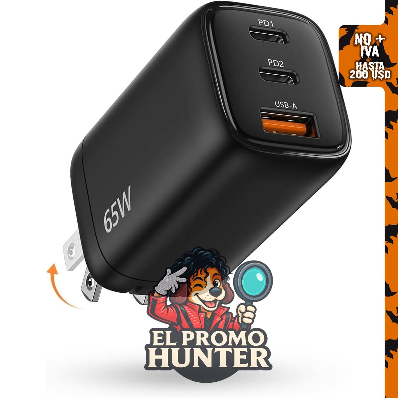 TECKNET Cargador USB C de 65 W, bloque de carga rápida compacto, color negro.