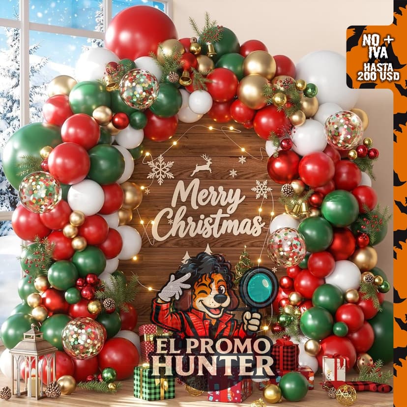 Kit de arco de globos rojos y verdes para decoraciones navideñas.