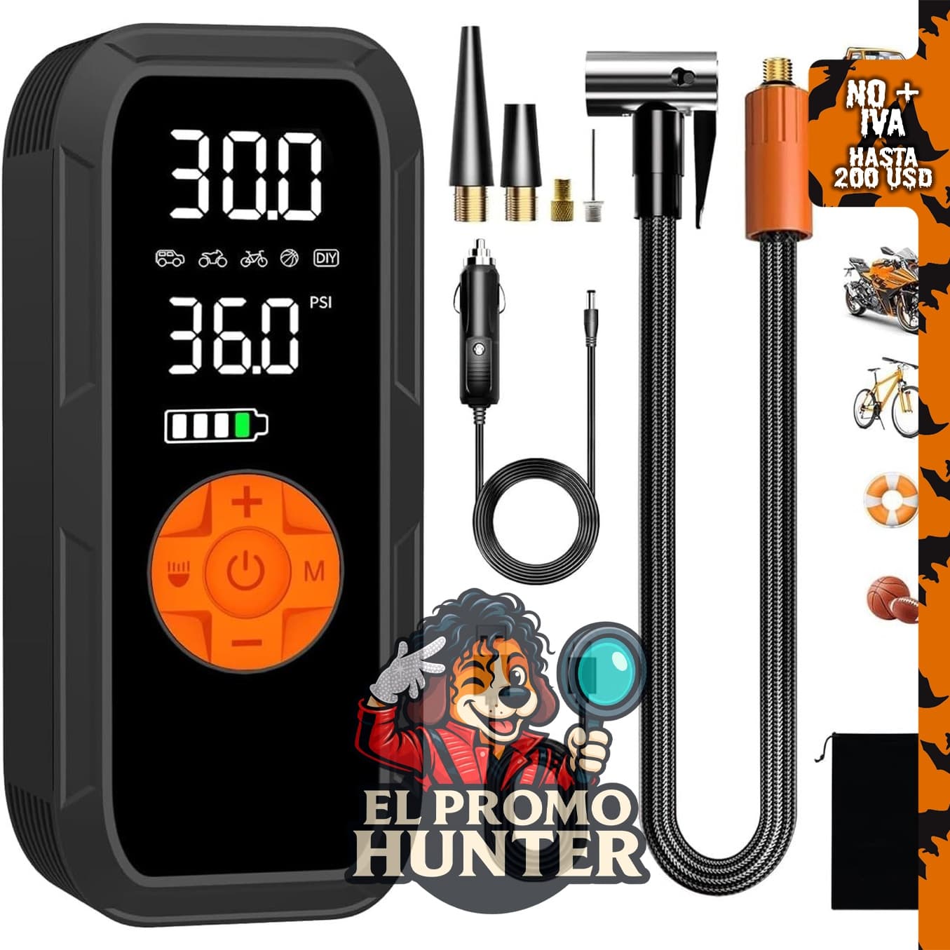 Inflador de neumáticos portátil Generic, compresor de aire 12 V CC, 150 PSI, batería recargable 6000 mAh.