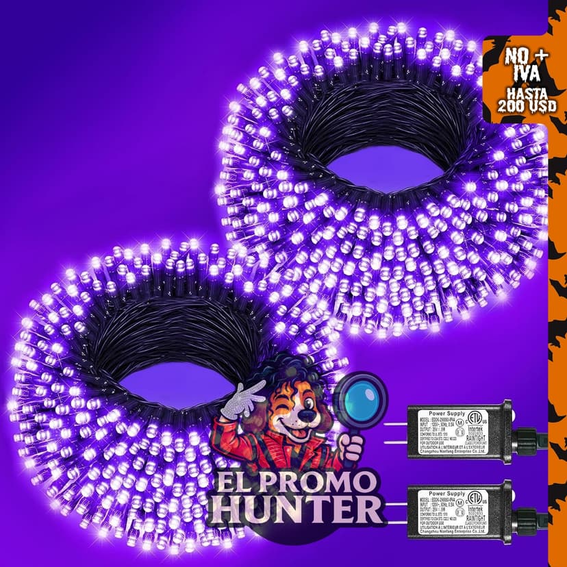 Juego de 2 guirnaldas de luces de Navidad, 200 pies (61 m) y 600 LED, moradas, impermeables, enchufables.