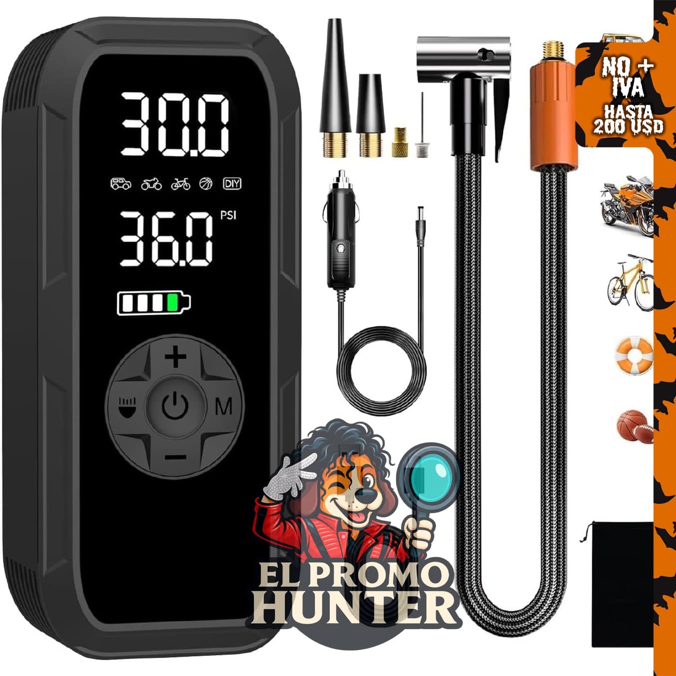 Inflador de neumáticos portátil Generic, compresor de aire eléctrico 12 V CC, 150 PSI, batería recargable 6000 mAh.