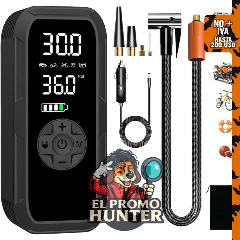 Inflador de neumáticos portátil Generic, compresor de aire eléctrico 12 V CC, 150 PSI, batería recargable 6000 mAh.