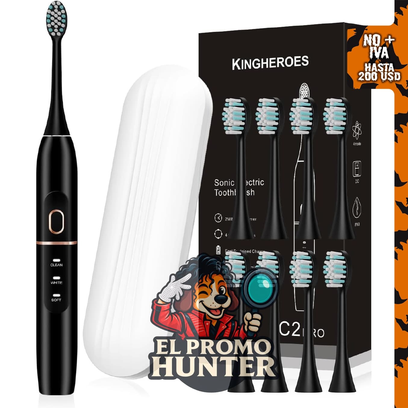 kingheroes Juego de cepillos de dientes eléctricos con 8 cabezales y estuche de viaje, 4 modos y temporizador de 2 minutos.