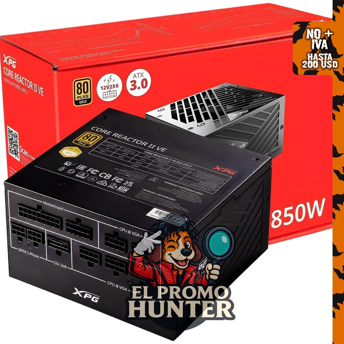 XPG CORE Reactor II VE, fuente de alimentación 80 Plus Gold de 850W, ventilador FDB de 120 mm, dimensiones 140x150x86 mm, ATX 3.1 / EPS v2.92.