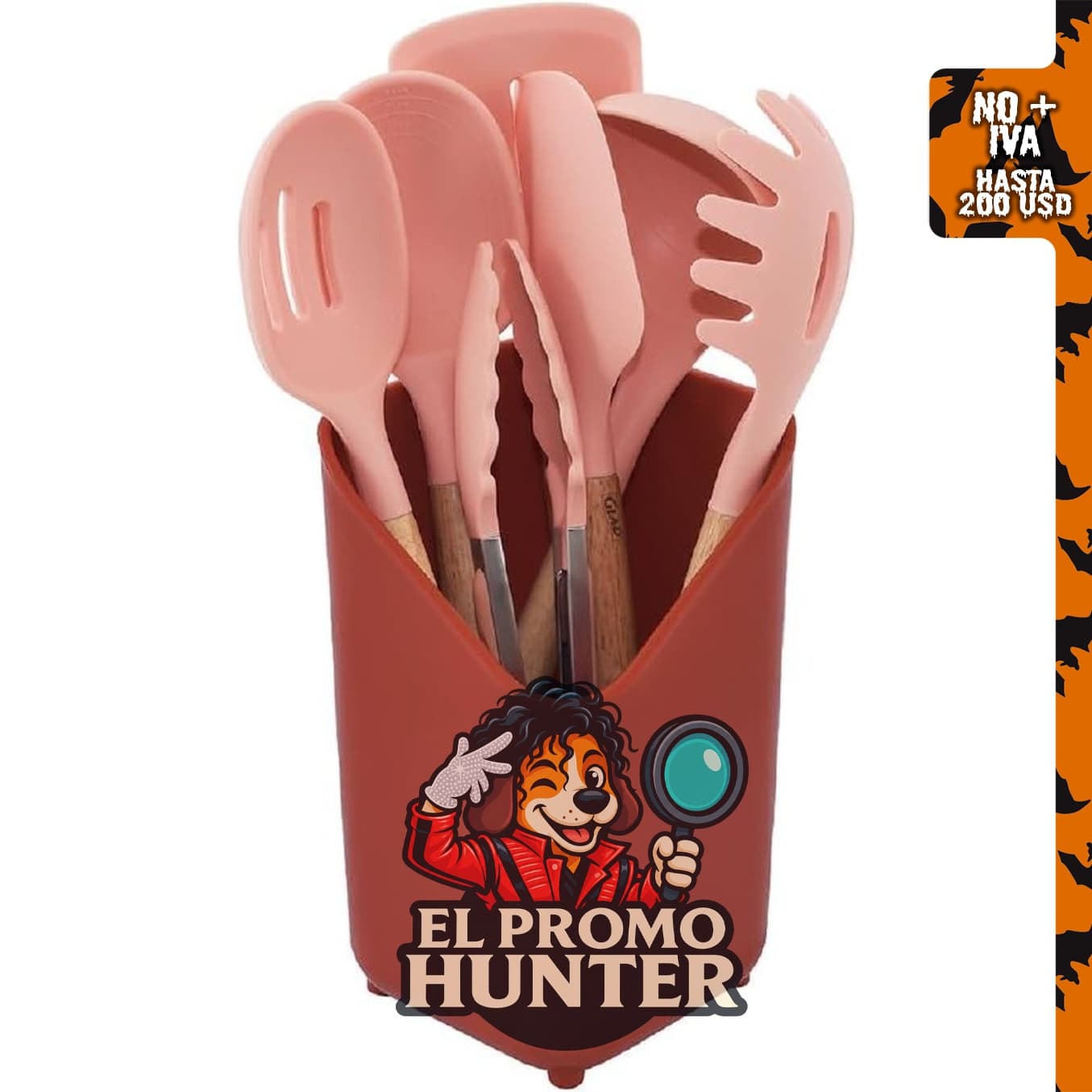 Glad juego de utensilios de cocina de silicona de 8 piezas con asas de madera y soporte.