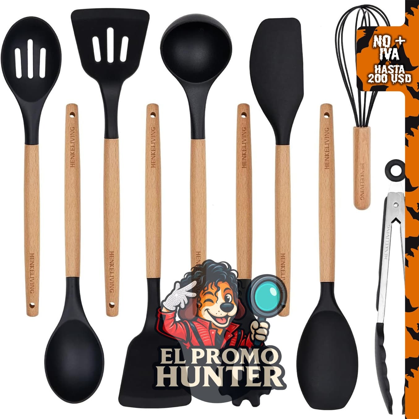 Juego de utensilios de cocina de silicona de 10 piezas, incluye espátulas sin BPA y asas de madera resistentes al calor.