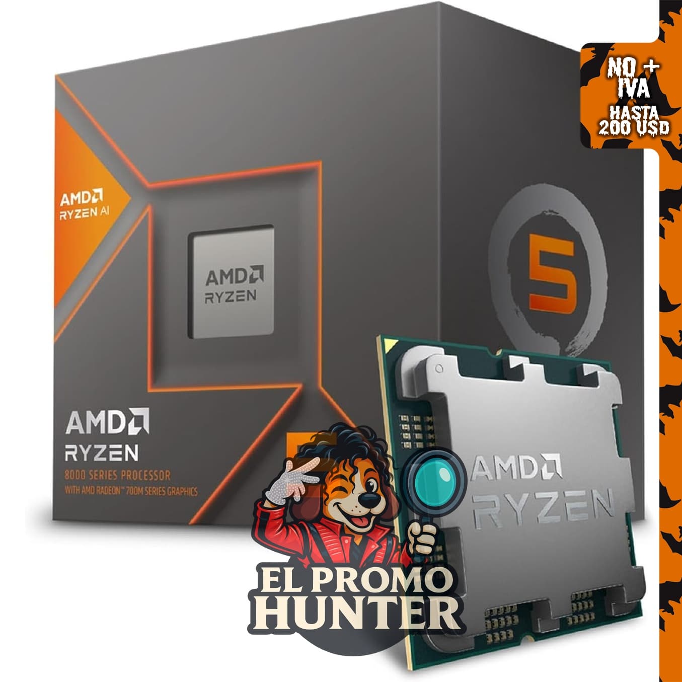 Procesador AMD Ryzen 5 8600G, 6 núcleos, 12 hilos, frecuencia base de 3.2 GHz.